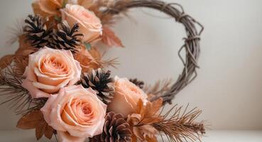 Peach Roses and Pine Cones Autumnal Wreath photo