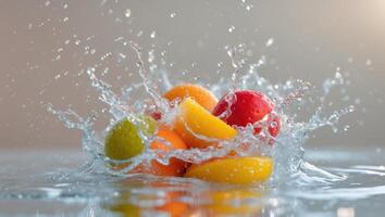 Fresh Fruits Splashing in Water for a Refreshing Display photo
