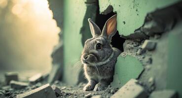 Curious rabbit peeks through a torn green wall discovering a new world photo
