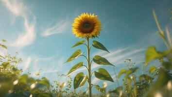 Sunflower blooming in a lush garden with vibrant greenery and a bright blue sky in the background showcasing natural beauty and tranquility. photo