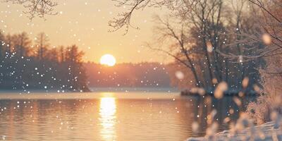 Capturing winter's golden hour at a serene lakeside through a lens in soft snow. photo