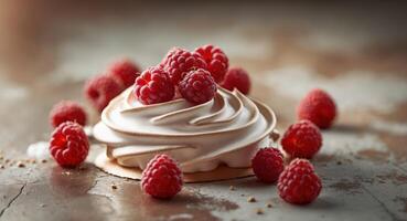 Delightful Meringue Dessert Topped with Fresh Red Raspberries on a Rustic Rustic Table Surface Enhancing the Attractive Presentation of the Sweet Treat photo