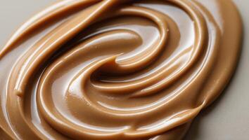 Close up of creamy smooth peanut butter texture with glossy sheen and rich golden brown color perfect for food and culinary backgrounds. photo