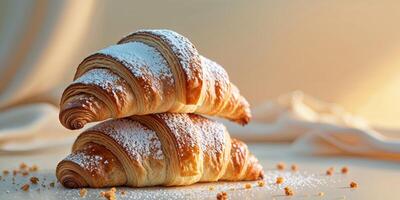 freshly baked croissants stacked with powdered sugar and crumbs in a warm golden light. photo