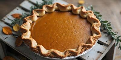 Rustic Pumpkin Pie with Decorative Autumn Crust. photo
