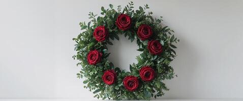 Charming wreath adorned with red roses and greenery for decoration photo