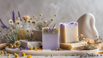 Floral Aromatic Handmade Vegan Soap Bars with Natural Ingredients and Empty Space for Custom Text in Spa Setting photo