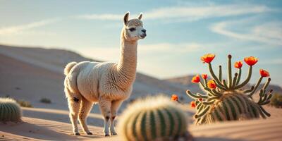 Llama standing near blooming cactus in a desert landscape photo