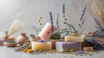 Floral Aromatic Handmade Vegan Soap Bars with Natural Ingredients and Empty Space for Custom Text in Spa Setting. photo