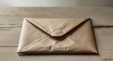 Back of a closed brown recycled envelope resting on a wooden table. photo