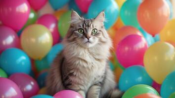 Playful Snowshoe Cat Surrounded by Colorful Balloons. photo