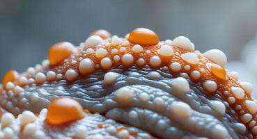 Closeup of a textured sea slug with orange and white nodules photo