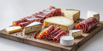 Array of Processed Meats and Cheeses Displayed on Wooden Board for Culinary Delights and Savory Recipes in Gourmet Food Presentation. photo
