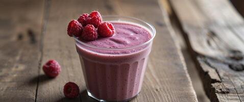 Refreshing Fruit Smoothie in Clear Cup with Raspberries on Wooden Table photo