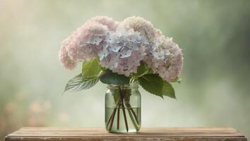 Bouquet of hydrangeas flowers in a glass jar on a wooden table with blurred green background. photo