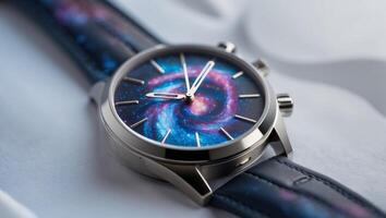 Unique watch design featuring a galaxy inside the dial at close range photo