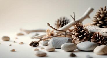Decorative natural materials arranged creatively on a light background showcasing elegance and simplicity in design. photo