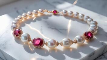 Luxurious pearl and ruby necklace elegantly displayed on a marble surface with soft light reflections photo