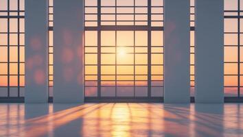 Bright and spacious interior with large windows at sunset casting shadows on smooth floor. photo