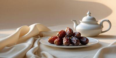 Tranquil Breakfast Setting by Desert Oasis with Dates and Traditional Tea Pot. photo