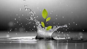 A splash of water with a few green leaves floating in it photo
