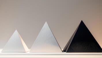 Three white and black pyramids are arranged in a row. photo