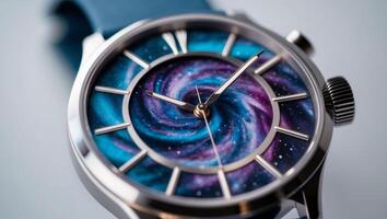 Unique watch design featuring a galaxy inside the dial at close range. photo