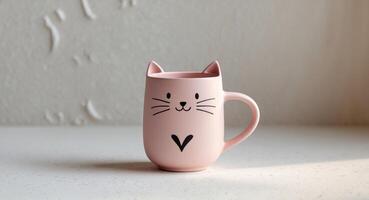 A pink mug with a cat face and a heart on it photo