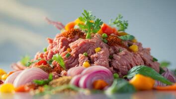 Fresh minced meat with vegetables and spices creating a colorful culinary scene photo