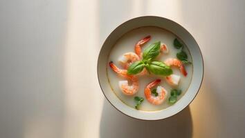 A bowl of shrimp soup with a garnish of basil. photo