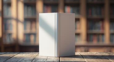 Stands upright of a blank white book cover on a wooden table on bookstore background. photo