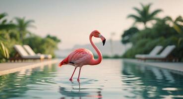 Relaxing tropical getaway with floating flamingo in a serene pool. photo
