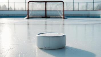 A Blank Hockey Puck in the Foreground with an Ice Rink and Hockey Net in the Background Behind. photo