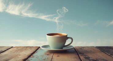 Inspiration creativity concepts with a cup of coffee on wood bar table with some cloud on blue sky color background photo
