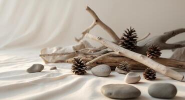 Decorative natural materials arranged creatively on a light background showcasing elegance and simplicity in design photo
