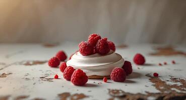 Delightful Meringue Dessert Topped with Fresh Red Raspberries on a Rustic Rustic Table Surface Enhancing the Attractive Presentation of the Sweet Treat. photo
