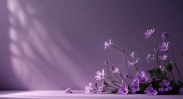 A purple background with lighting and flowers with ample space for text on the right side photo