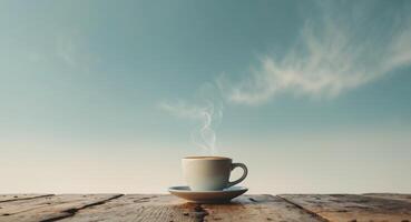 Inspiration creativity concepts with a cup of coffee on wood bar table with some cloud on blue sky color background. photo