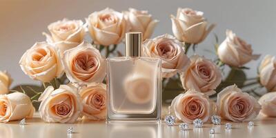 Elegant Perfume Bottle Surrounded by Champagne Roses and Diamonds in a Soft Focus Luxury Aesthetic for Branding and Advertising Purposes photo