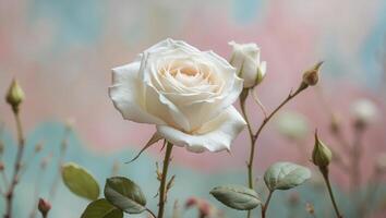 Delicate white rose blooming in a garden filled with soft pastel colors and gentle petals during springtime photo