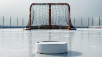 A Blank Hockey Puck in the Foreground with an Ice Rink and Hockey Net in the Background Behind photo