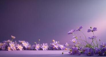 A purple background with lighting and flowers with ample space for text on the right side. photo
