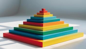 Colorful stacking blocks create a vibrant pyramid structure on a white surface photo
