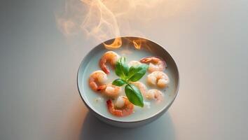 A bowl of shrimp soup with a garnish of basil photo