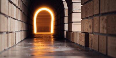 Bright Light at the End of a Wooden Block Tunnel. photo