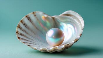 Open shell with iridescent pearl on turquoise background highlighting natural beauty and elegance with ample copy space for text or designs photo