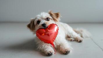 A small dog laying on the floor with a red heart in its mouth photo