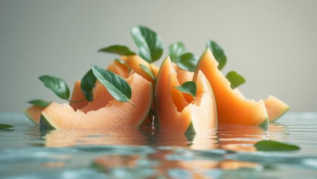 un cerca arriba de un manojo de Cantalupo rebanadas con verde hojas flotante en agua. foto
