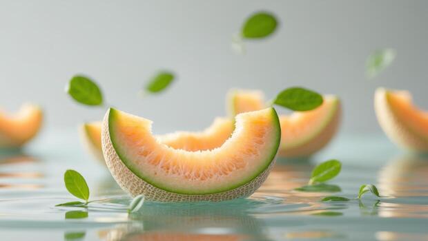 un cerca arriba de un manojo de Cantalupo rebanadas con verde hojas flotante en agua foto