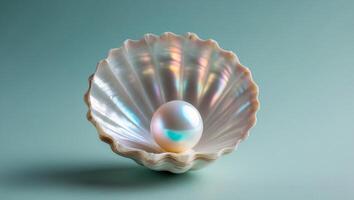 Open shell with iridescent pearl on turquoise background highlighting natural beauty and elegance with ample copy space for text or designs. photo